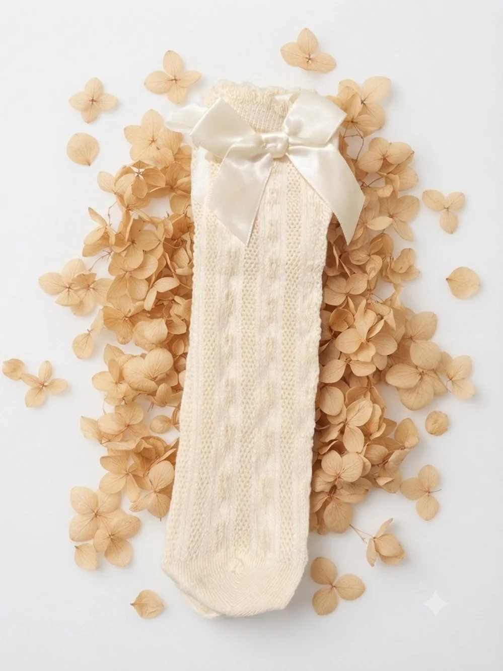 Cream Knit Toddler Socks with Satin Bows - Size 1-3 Years
